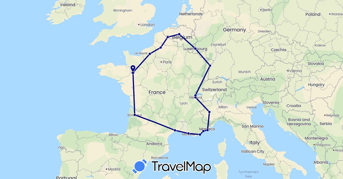 TravelMap itinerary: driving in Belgium, Switzerland, France, Italy, Luxembourg, Monaco (Europe)